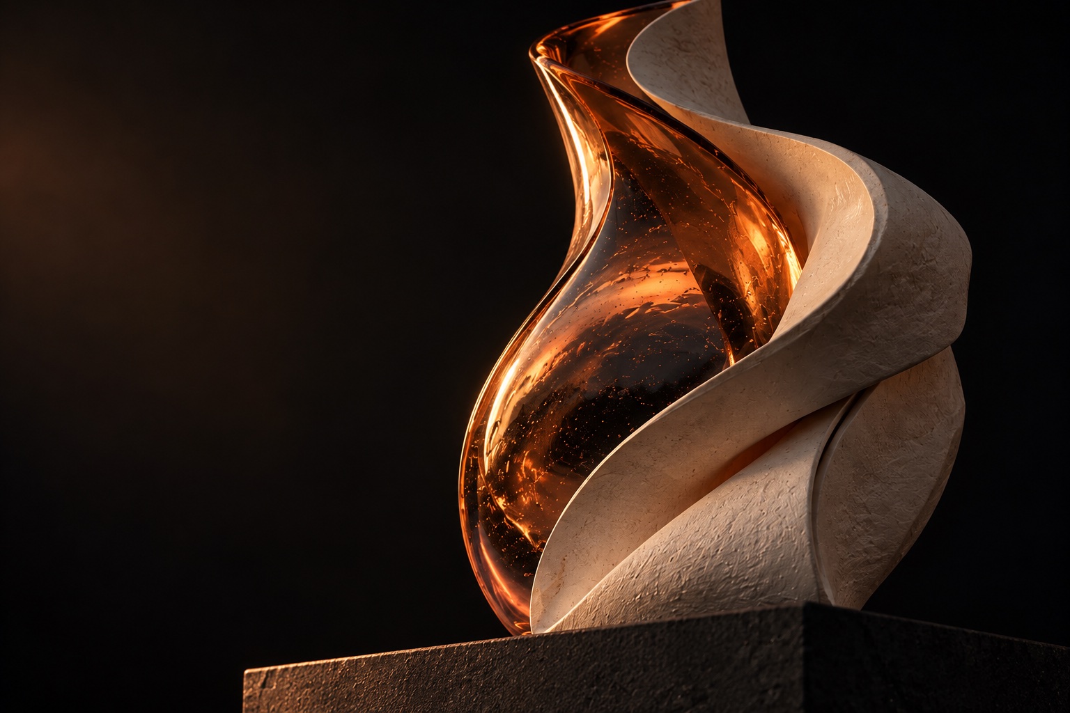 Close study of amber glass and sculpted ivory ceramic