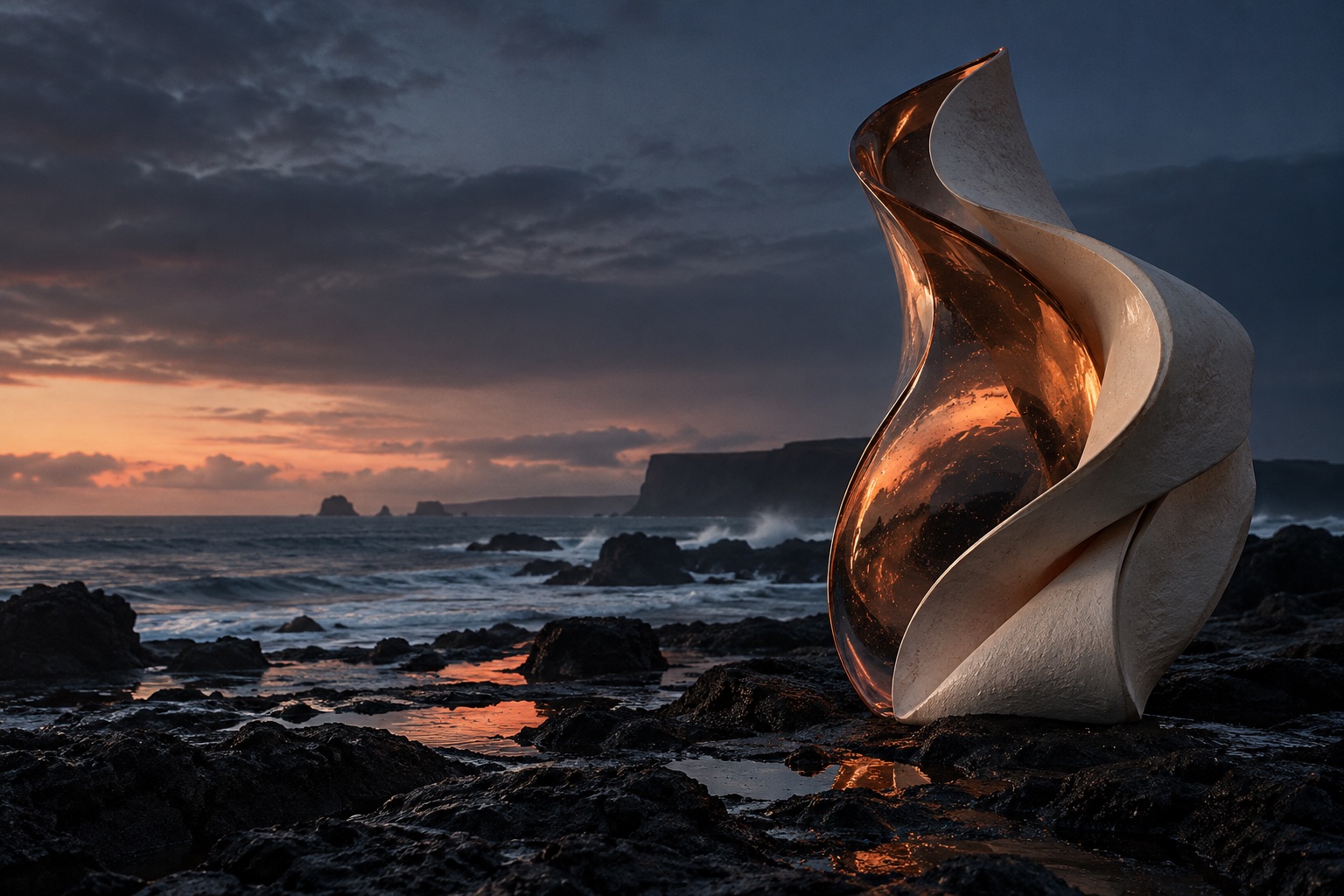 An original amber-glass and ivory-ceramic art piece on a volcanic shore