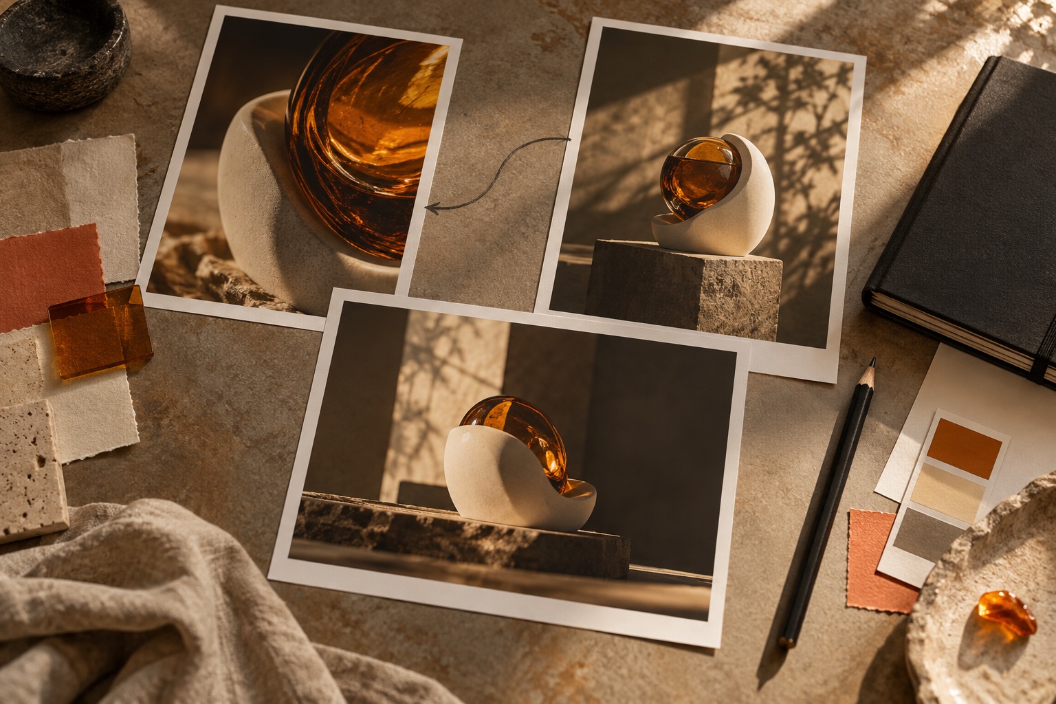 Printed story frames and material studies arranged on an art director's table